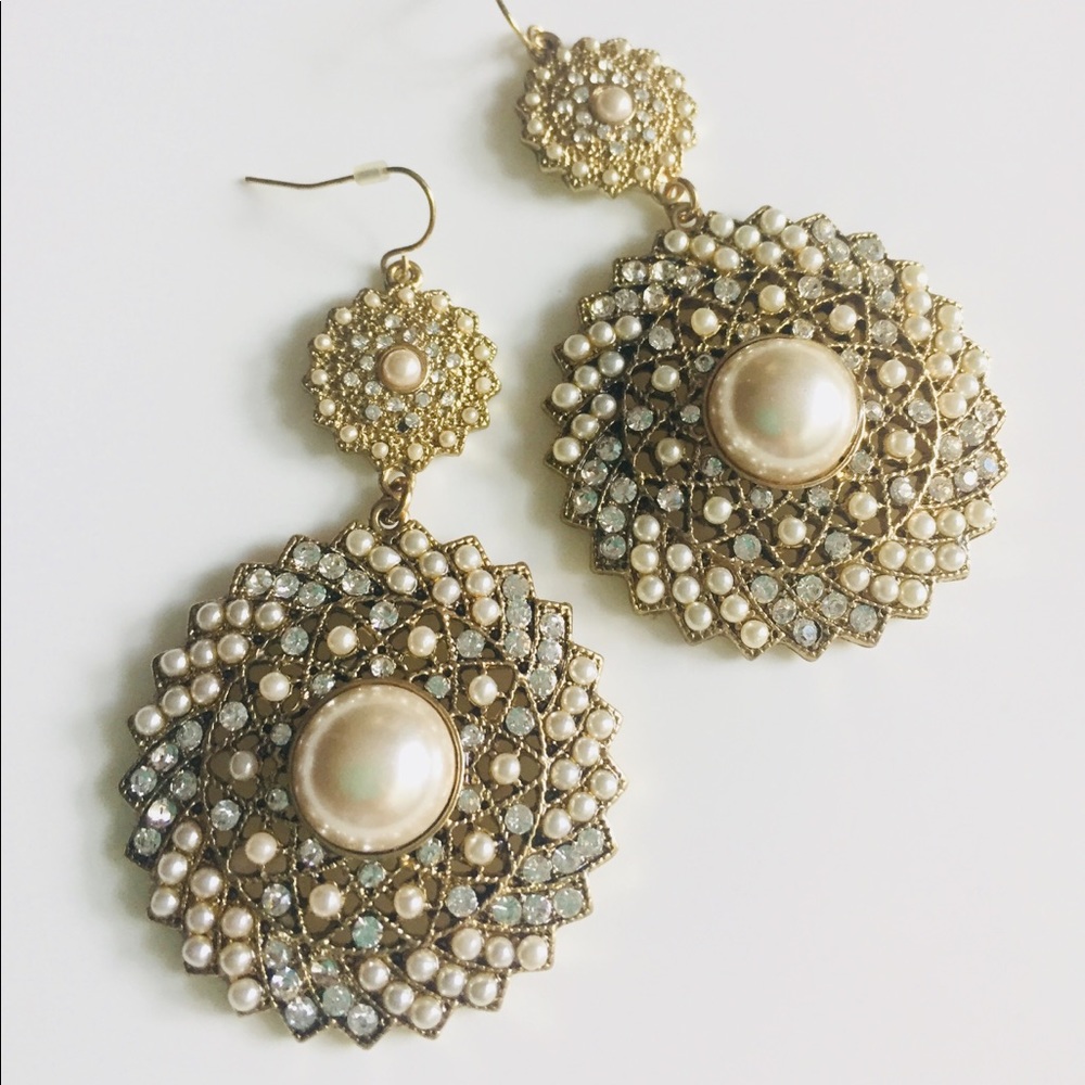 Gold Pearl Filigree Drop Earrings - Ivory Pearls